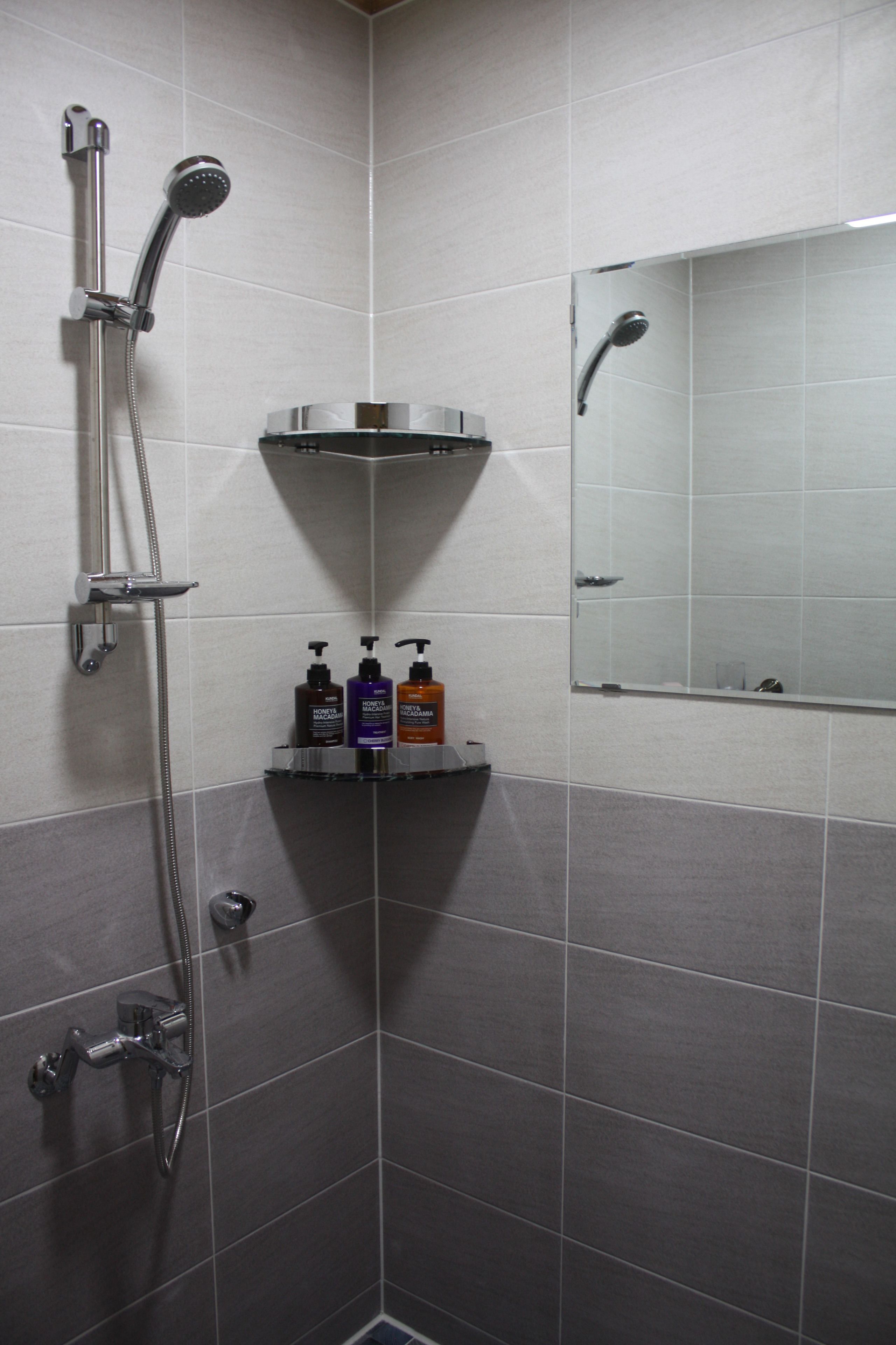 A shower area with a handheld showerhead, a wall-mounted showerhead, and a shelf with toiletries.