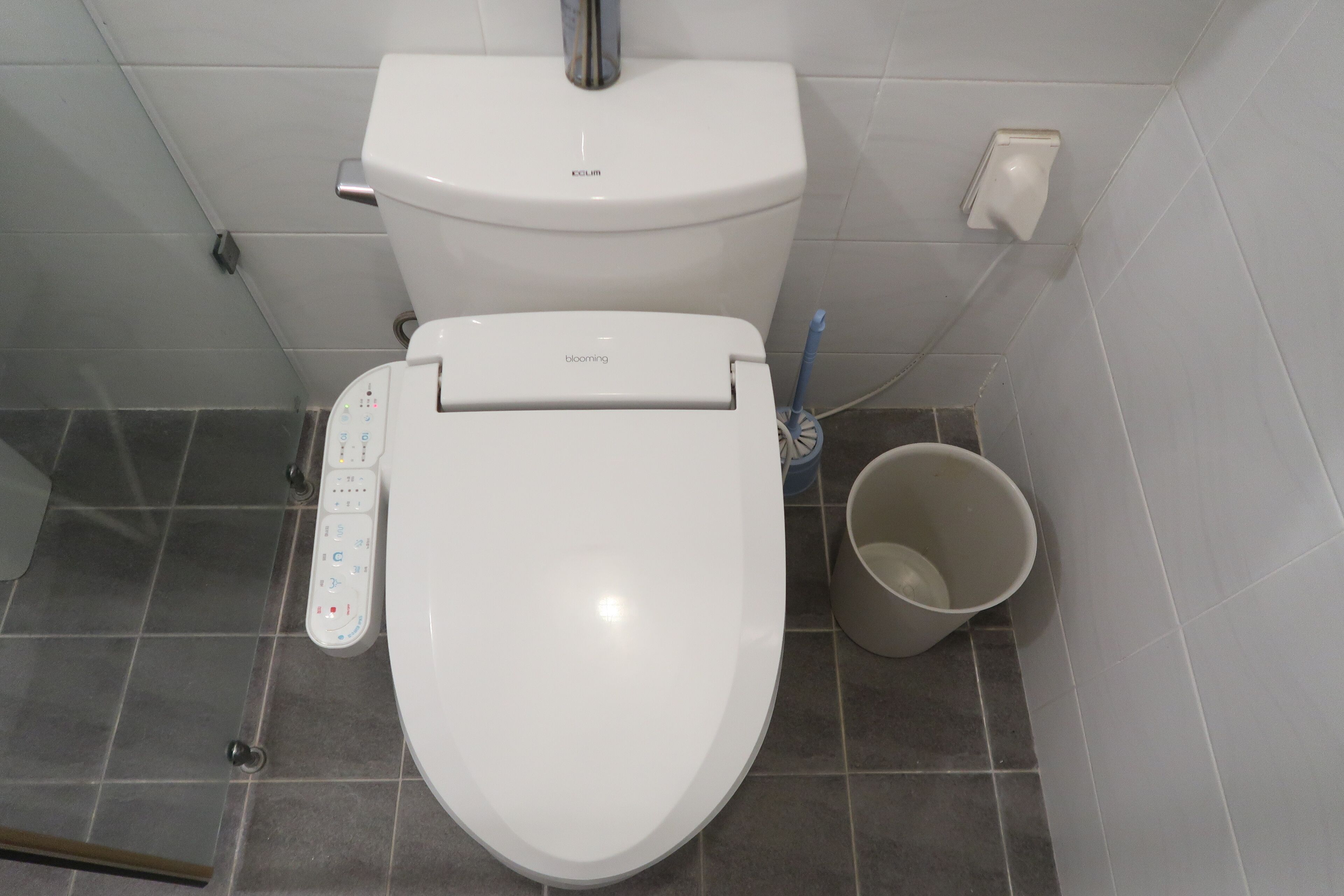 Des toilettes modernes dotées d’un panneau de commande, d’un accessoire de type bidet et d’une brosse pour les toilettes.