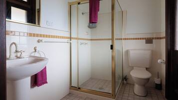 A bathroom with a glass-enclosed shower, a sink with a towel, and a toilet.