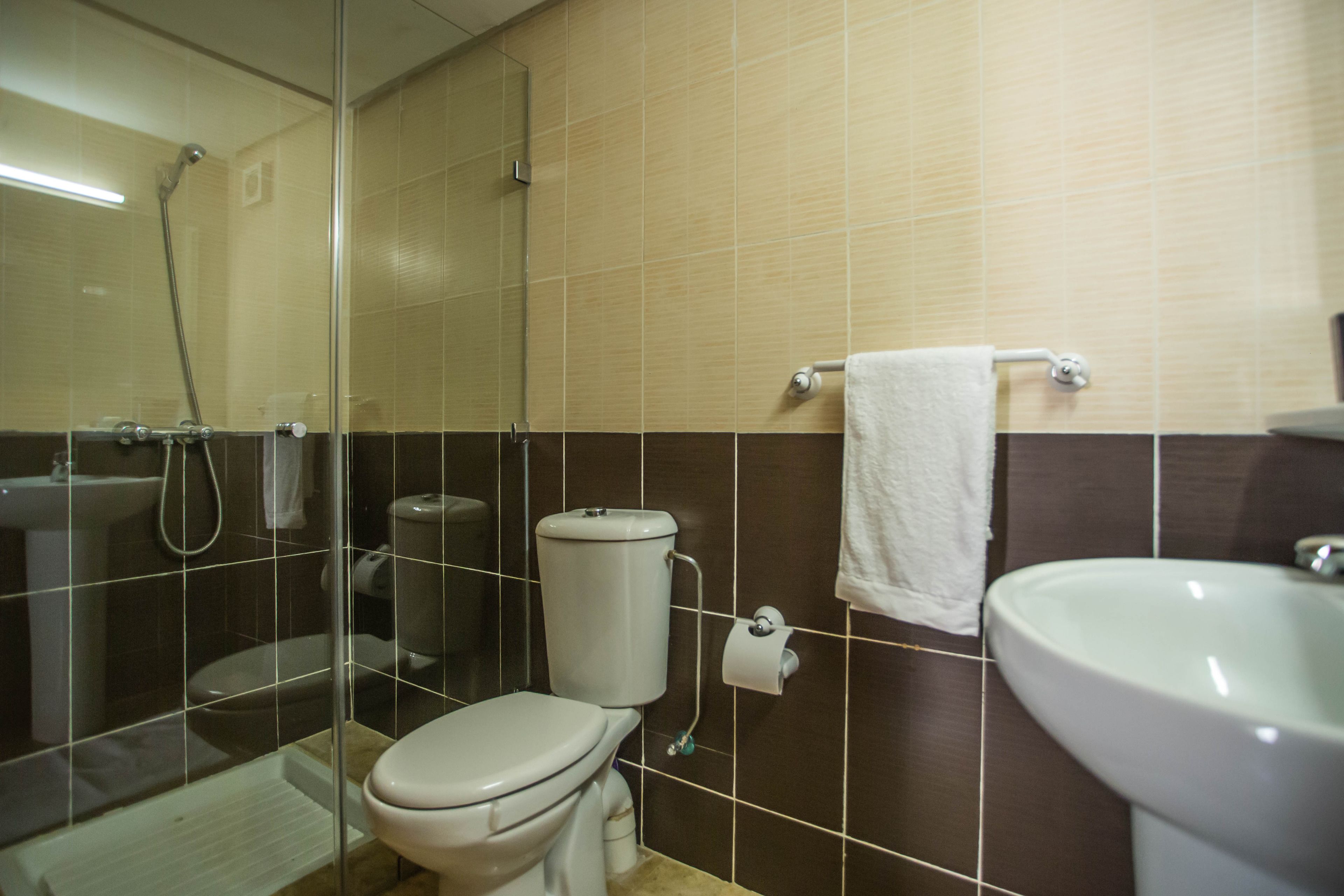 Un bagno con WC, lavabo e doccia.