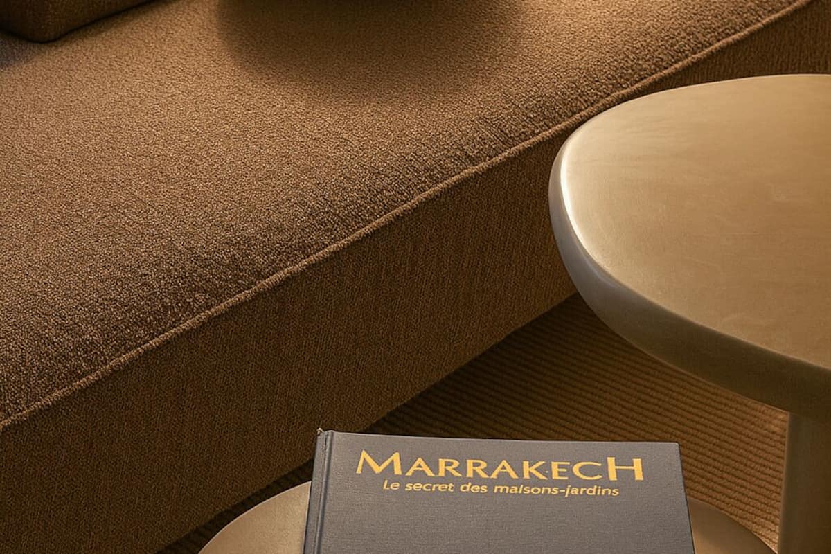 A book titled 'MARRAKECH' on a round table in a room with a brown sofa and a green cushion.