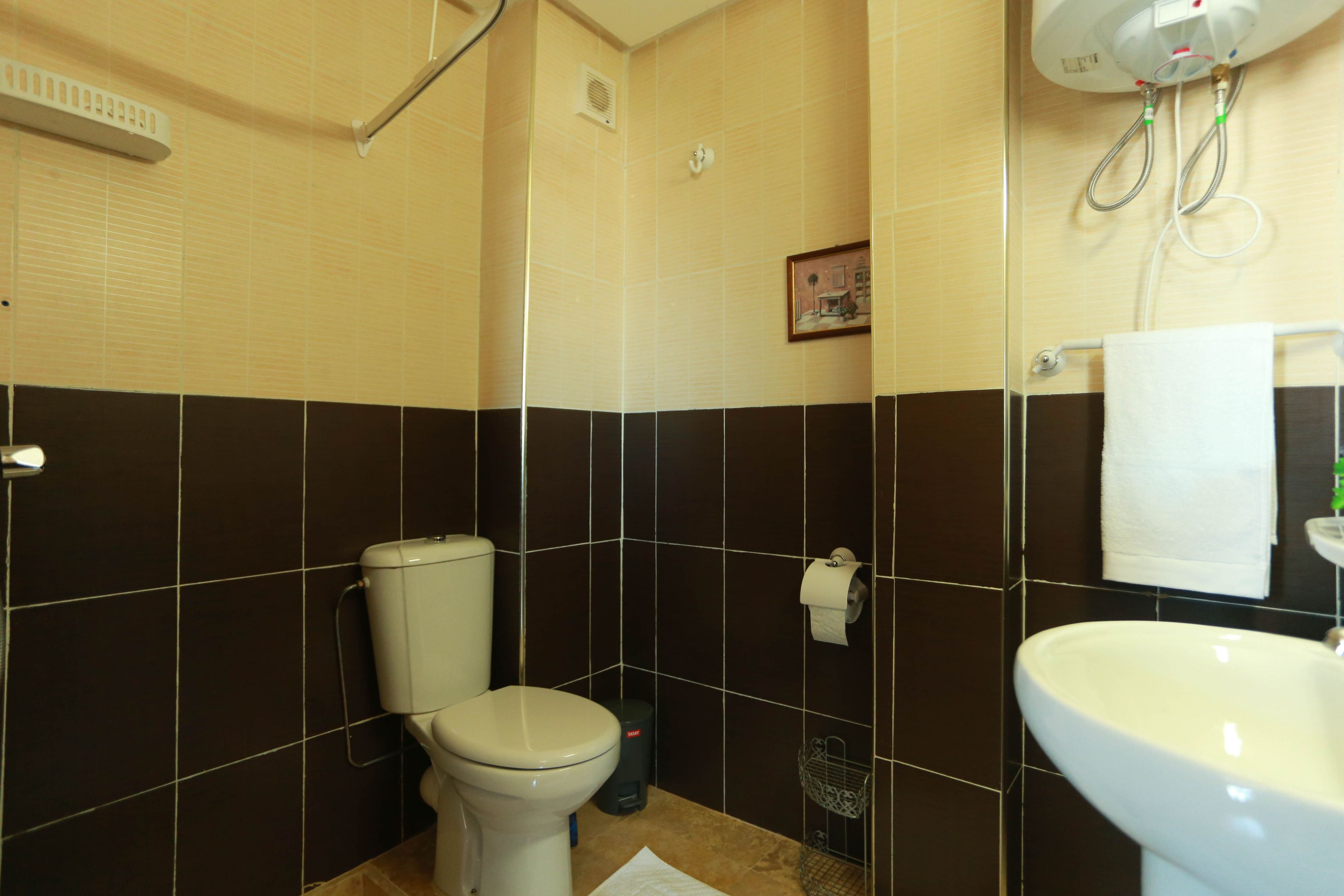 Een badkamer met toilet, wastafel en douche.
