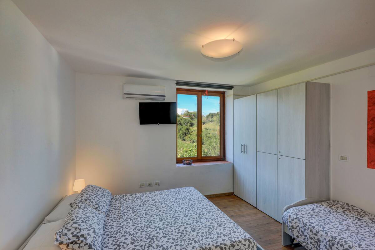 A small, well-lit bedroom with two beds, a TV, and a window with a view of greenery.