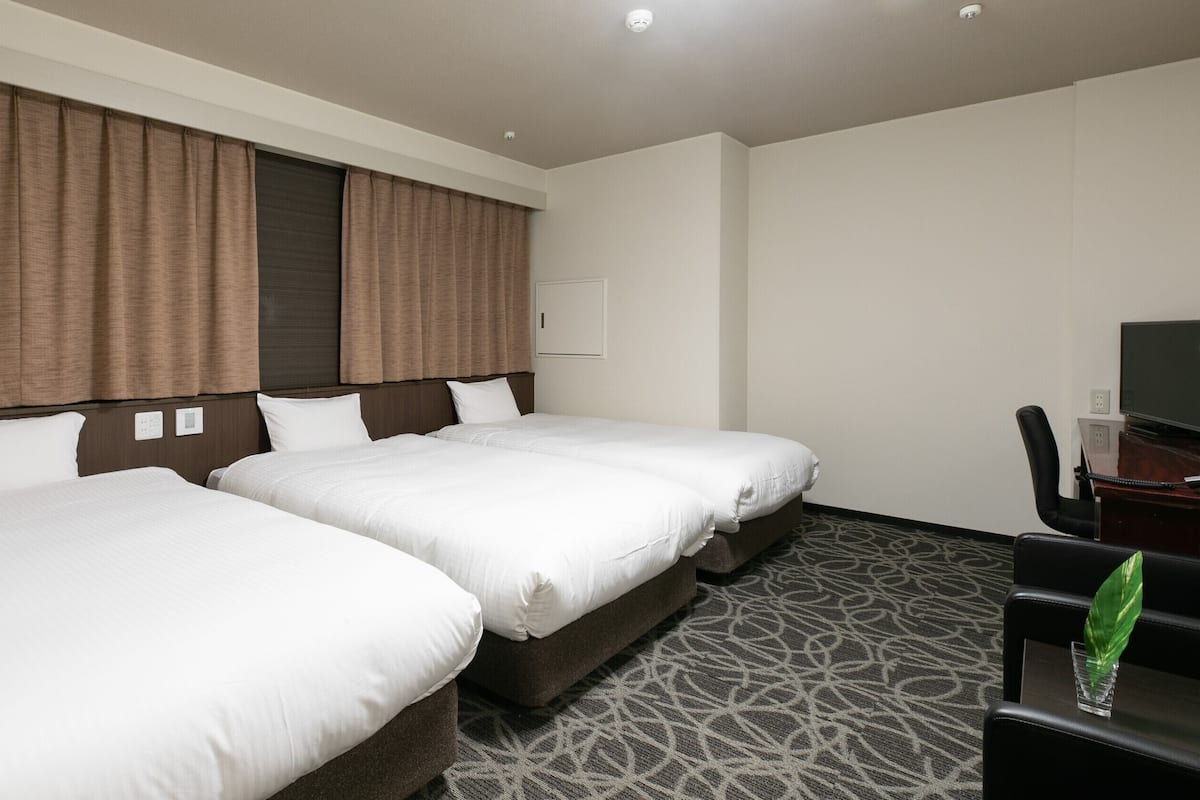Habitación de hotel con dos camas, un escritorio, una silla y un televisor.
