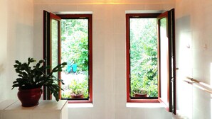 Une pièce avec deux fenêtres ouvertes, une plante en pot et un luminaire fixé au mur.