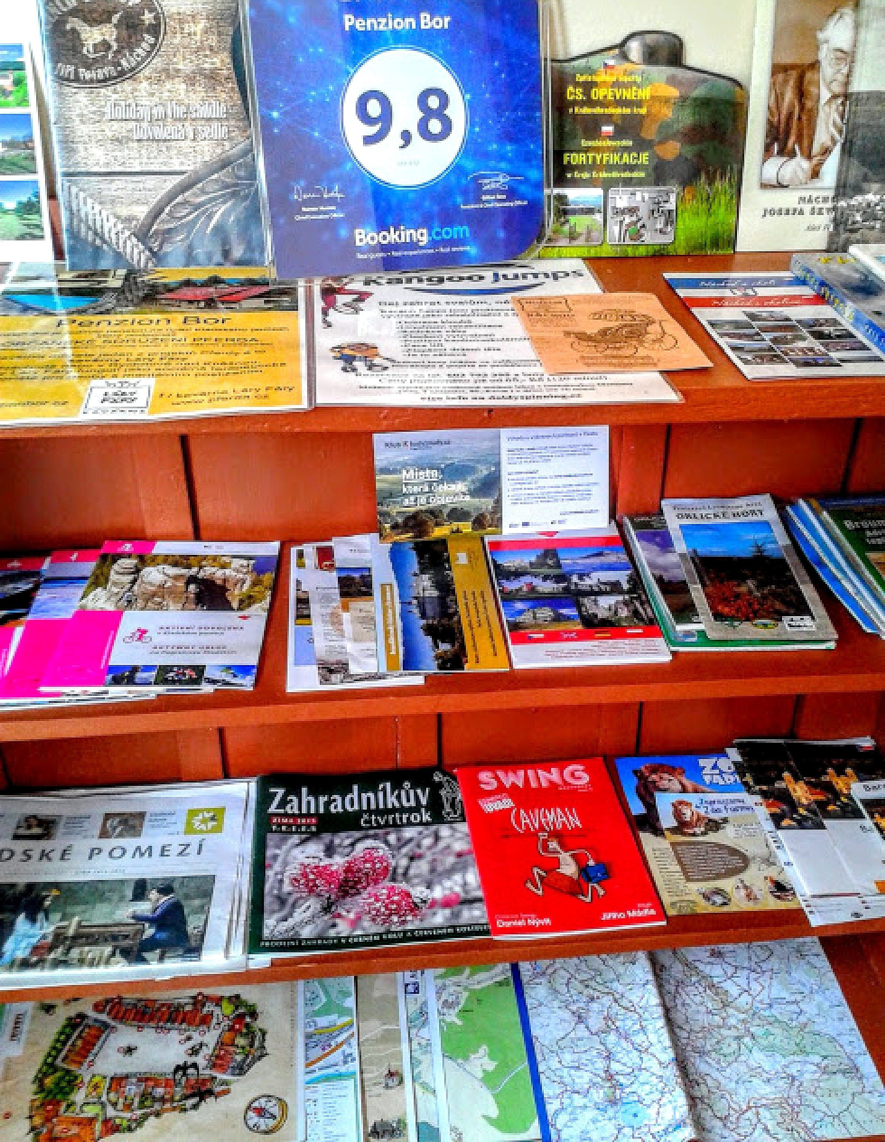 Une collection de brochures de voyage et de cartes est exposée sur des étagères en bois.