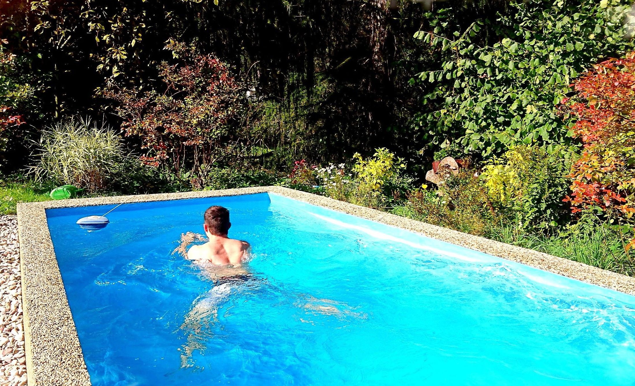 Um homem nada em uma piscina retangular com borda de pedras, cercada por vegetação exuberante e árvores.