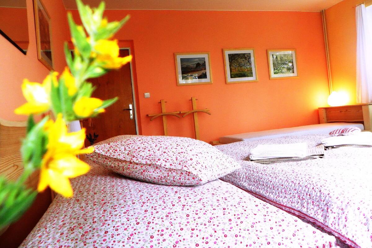 Habitación de hotel con dos camas, cabecera de madera, una mesita pequeña y una ventana con cortinas.