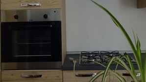 Eine Küche mit Holzausstattung, einem eingebauten Ofen, einem Gasherd und einer kleinen Pflanze.