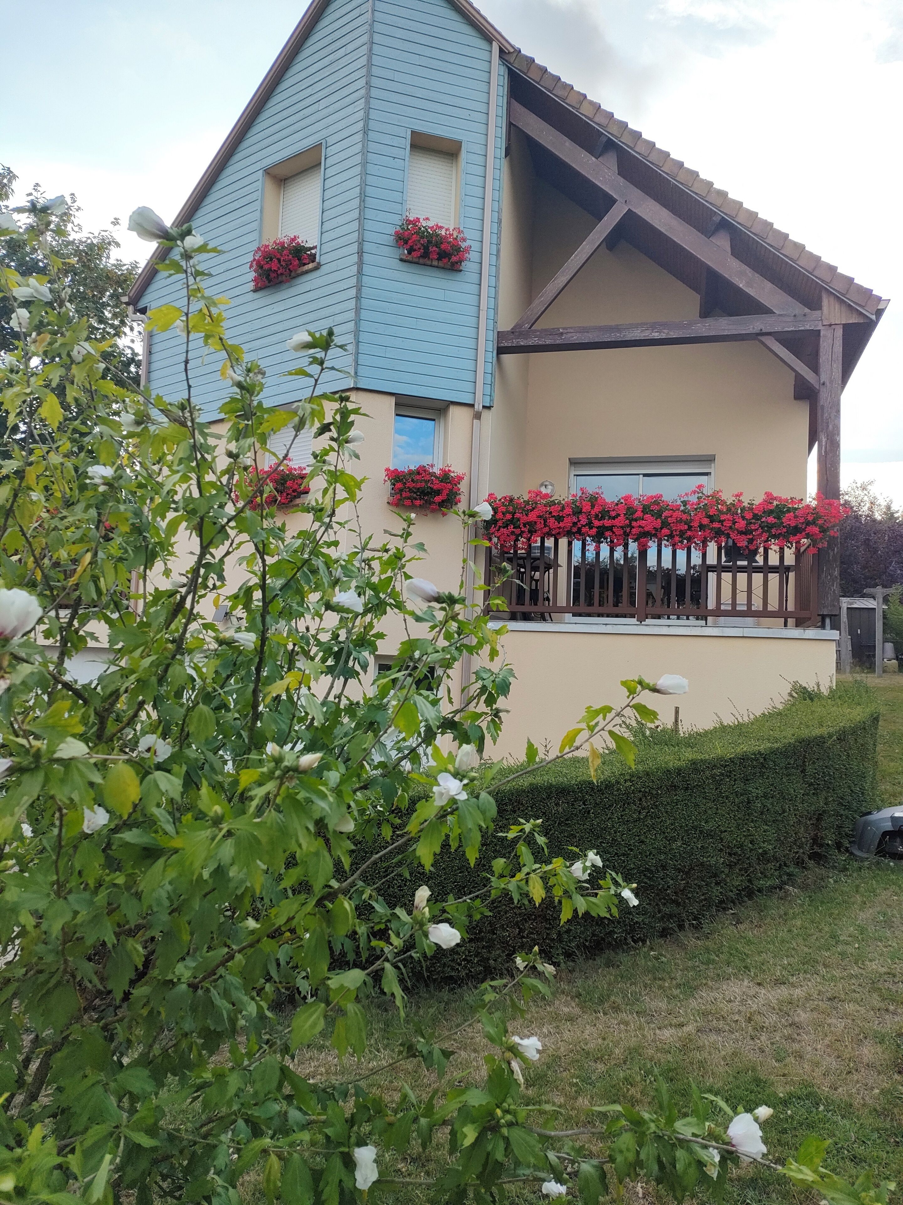 Una casa de dos plantas con fachada azul, jardineras en las ventanas y un seto cuidado.