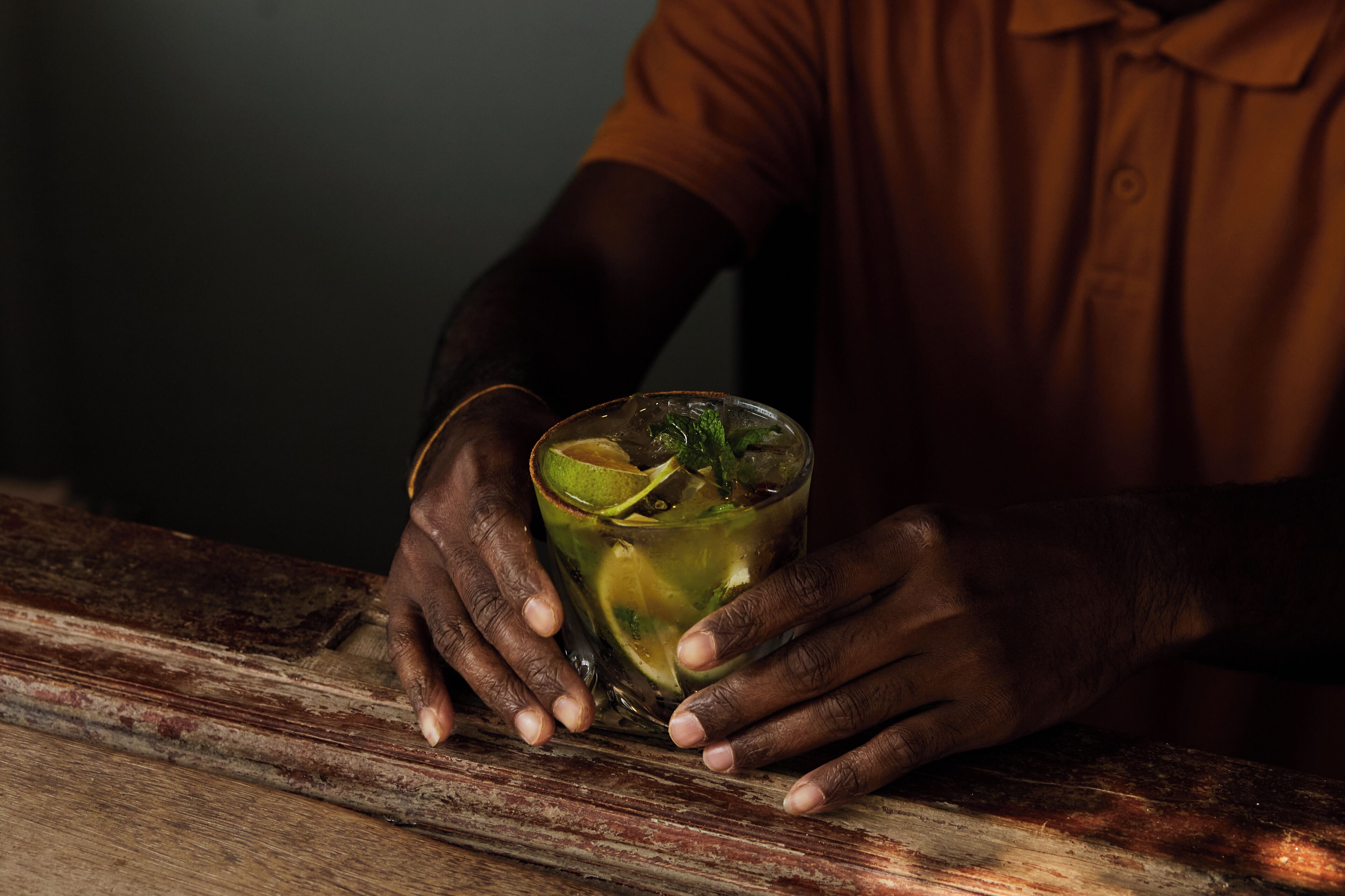 Eine Person hält ein Glas mit einer Limettenscheibe und Minzblättern.