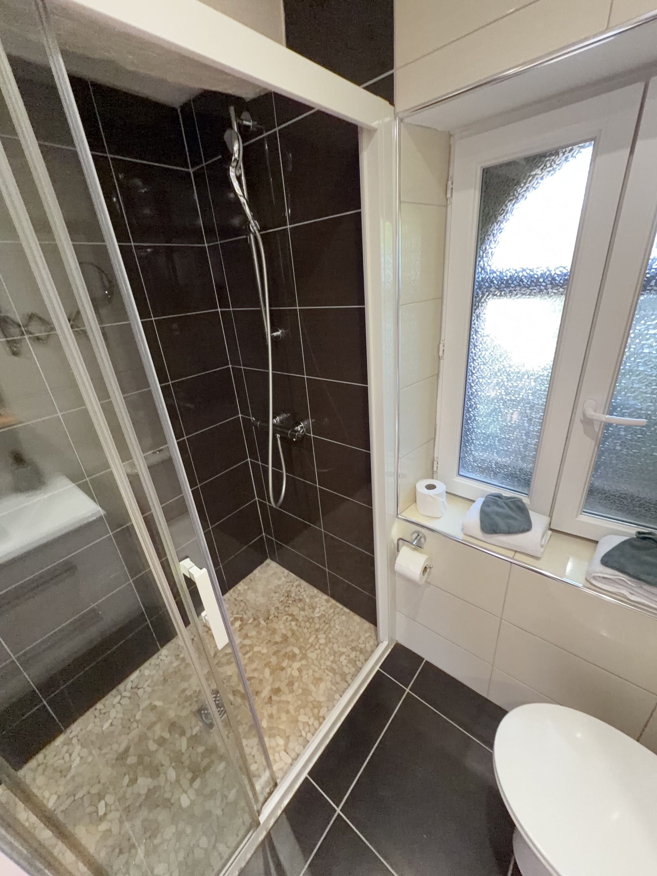 Ein Badezimmer mit Duschkabine, Toilette und Fenster.