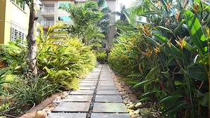 Un sendero de piedra bordeado de exuberante vegetación tropical que conduce a un edificio de varios pisos con balcones.