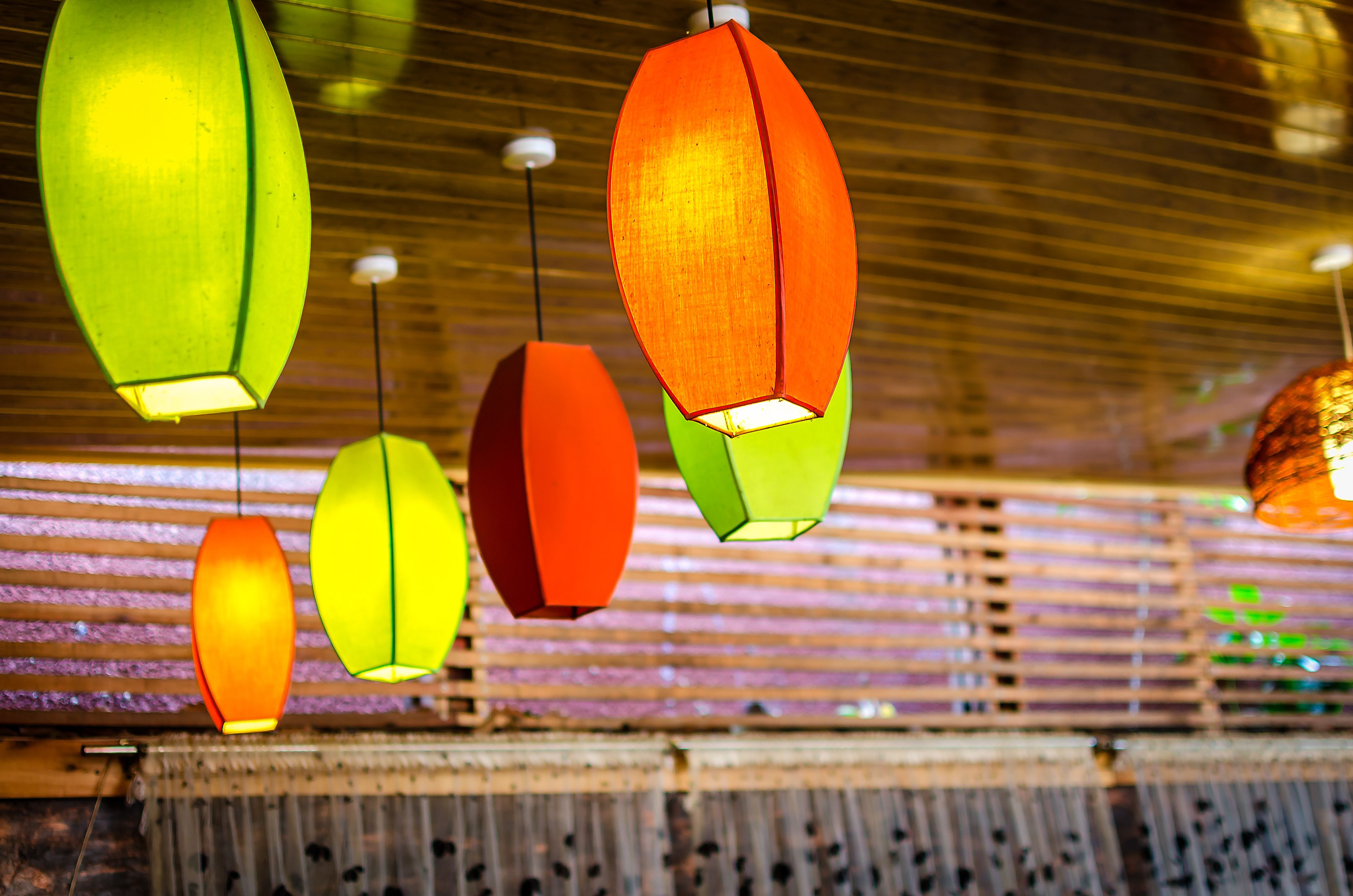 Hanging paper lanterns in various colors.