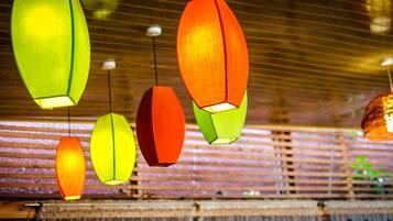 Hanging paper lanterns in various colors.