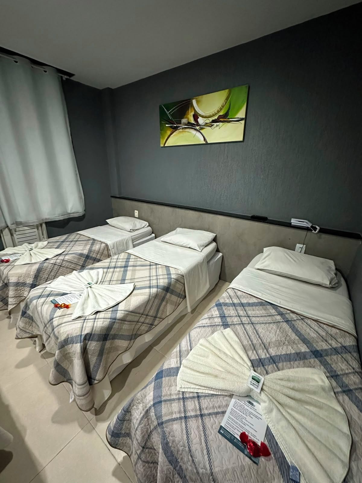 Habitación de hotel con tres camas, cada una con colcha escocesa y almohadas blancas. Un cuadro cuelga en la pared sobre las camas.