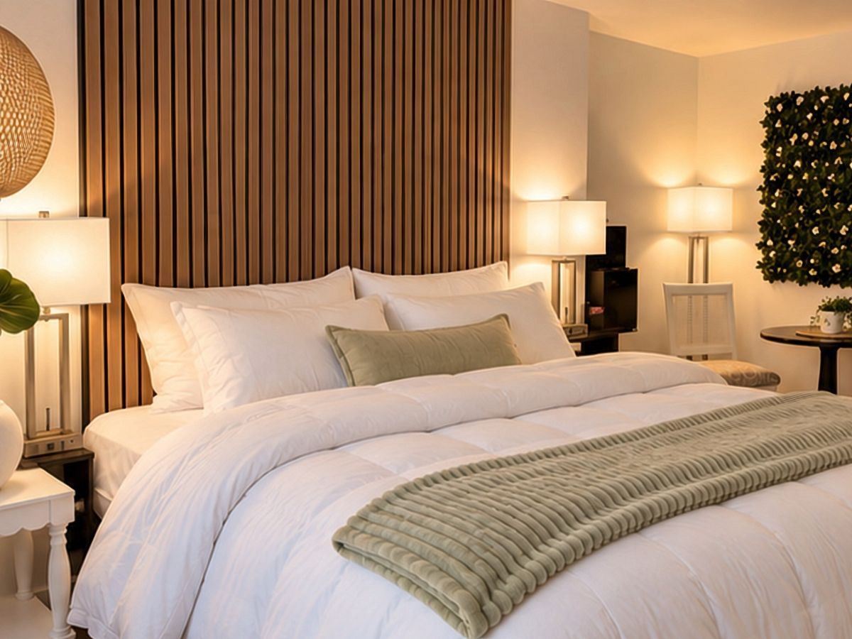 A neatly made bed with white linens and a green throw blanket, flanked by two bedside tables with lamps, in a room with vertical wooden paneling on the wall.