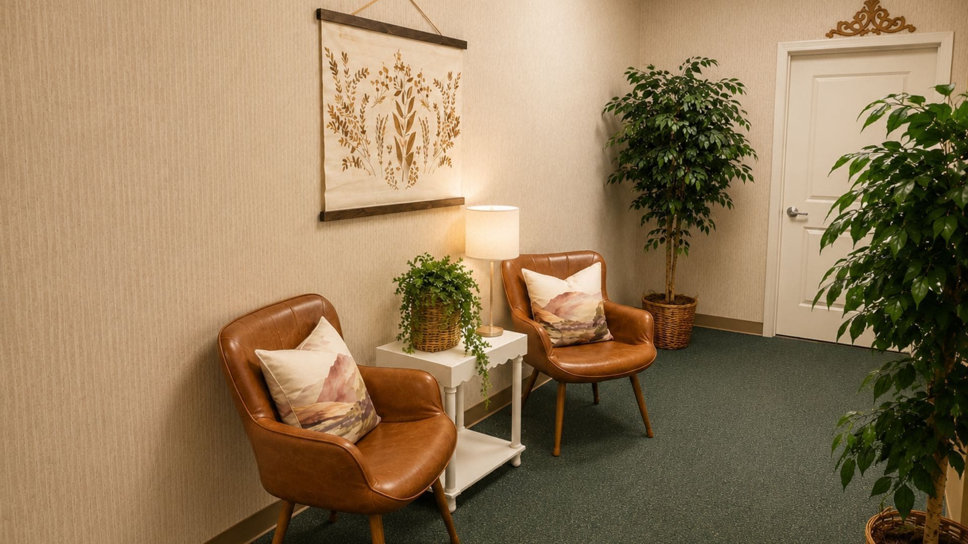 A room with two leather chairs, a small table with a lamp, a wall-mounted artwork, and two potted plants.