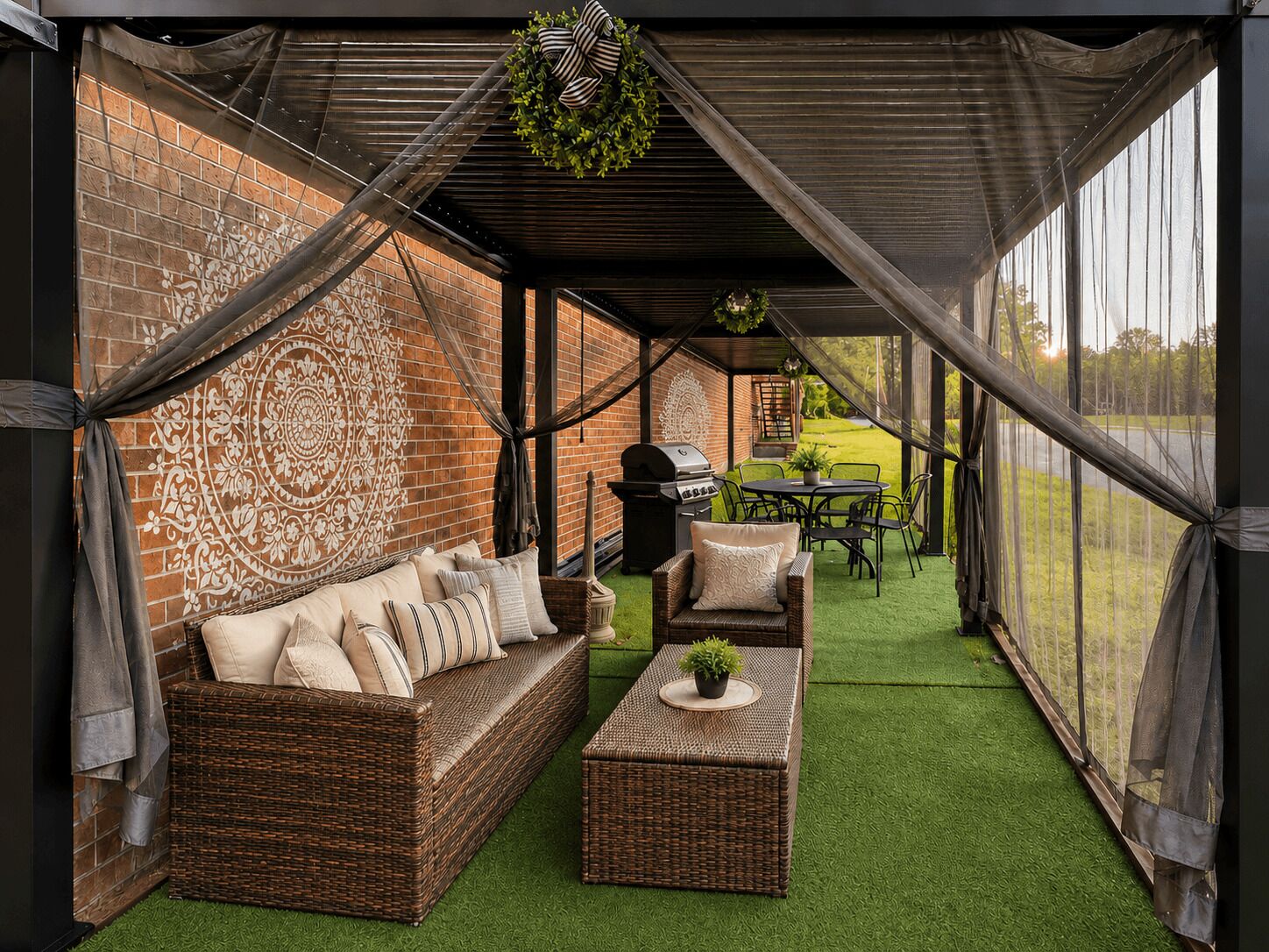 An outdoor patio with a wicker sofa, a small table, and a grill.