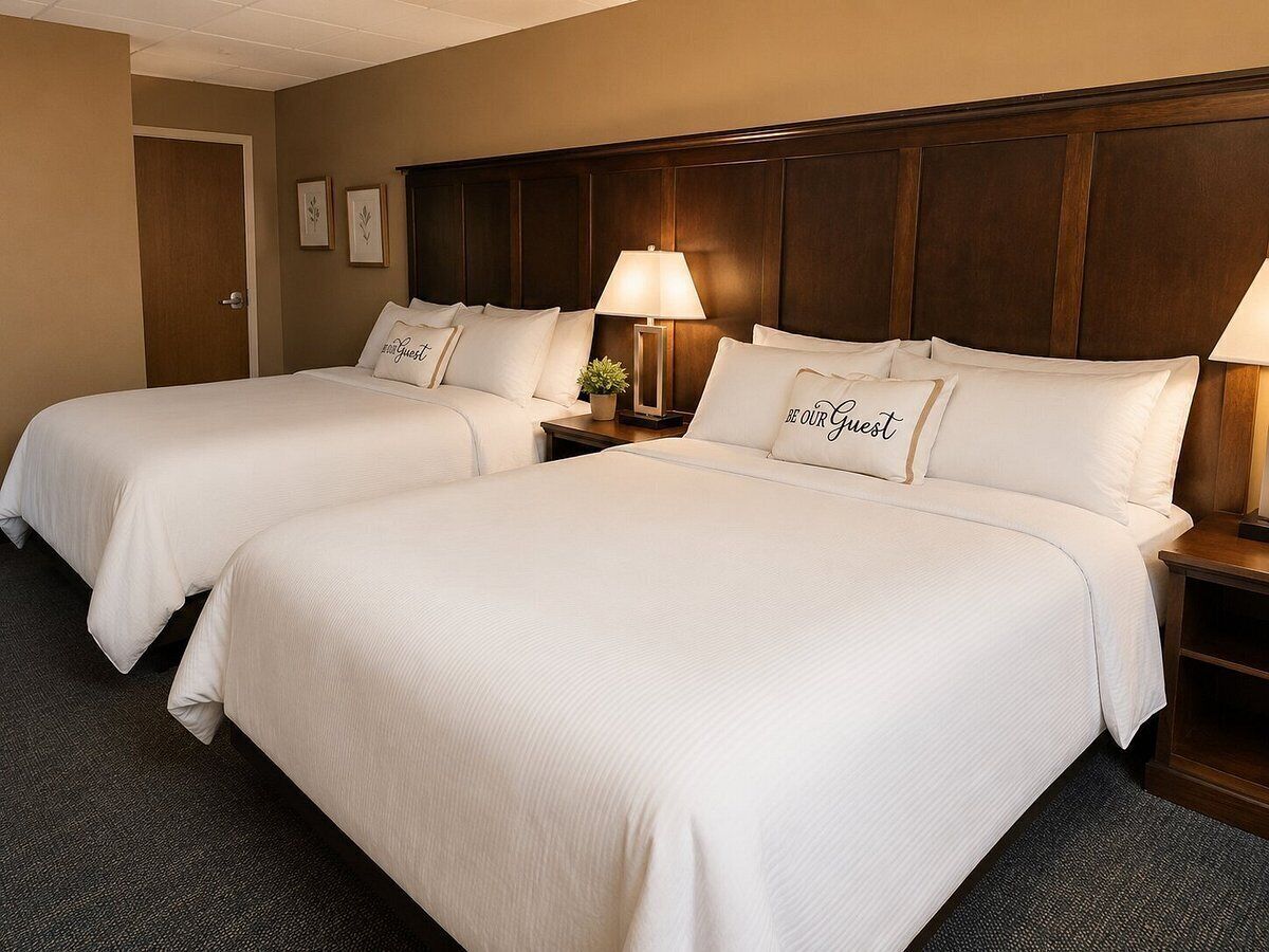 A hotel room with two beds, each with a pillow that reads 'Be Our Guest.'