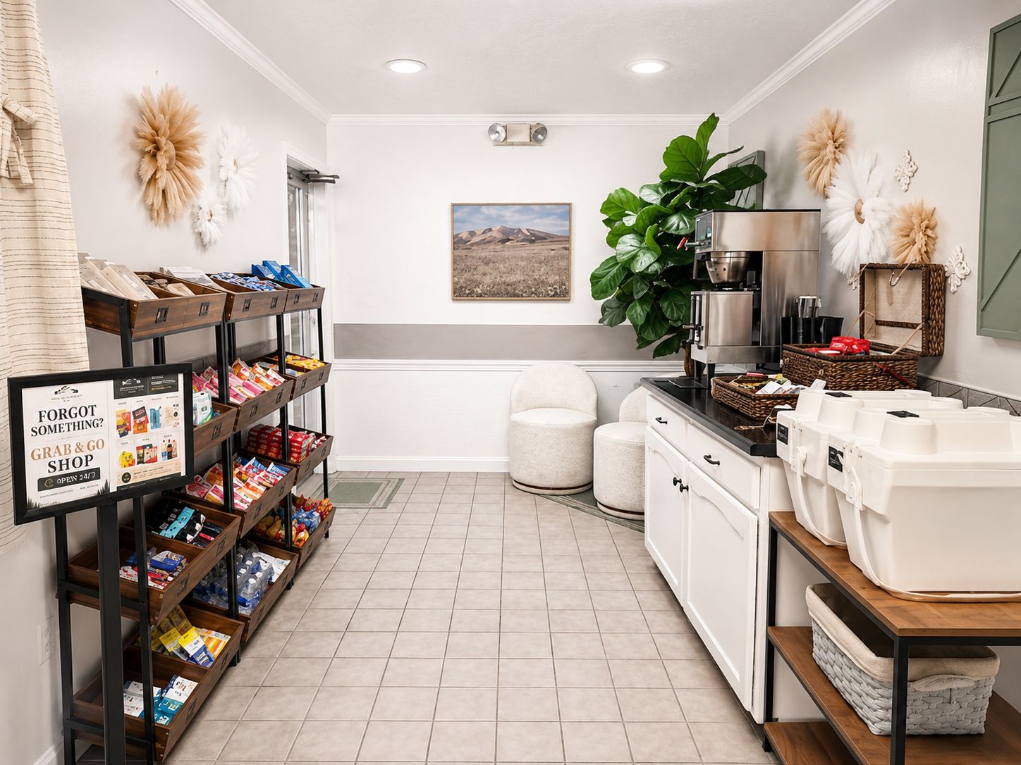 Una cocina limpia y bien organizada con una cafetera, contenedores de almacenamiento y un letrero que dice '¿Olvidaste algo?'.