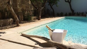A swimming pool with a wooden log and a bucket containing a bottle and glasses. - Palazzo Castriota (Alezio)