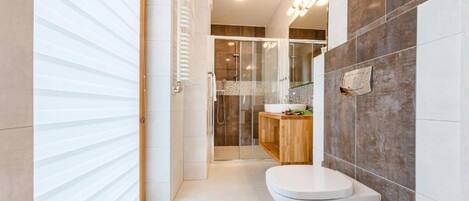 A modern bathroom with a toilet, shower, and glass-enclosed shower area.