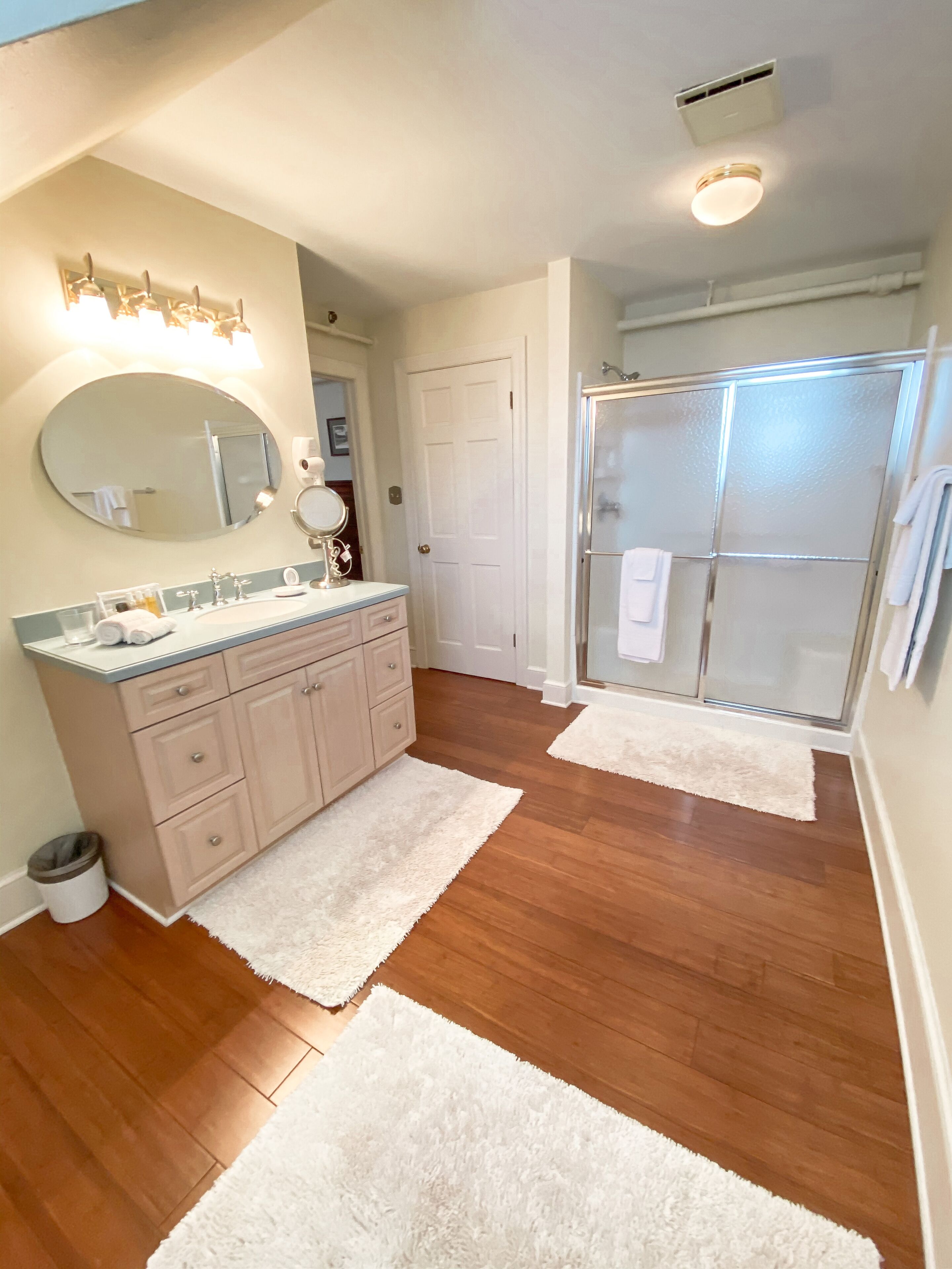 A bathroom with a wooden floor, a sink with a mirror, a white door, and a glass shower enclosure.