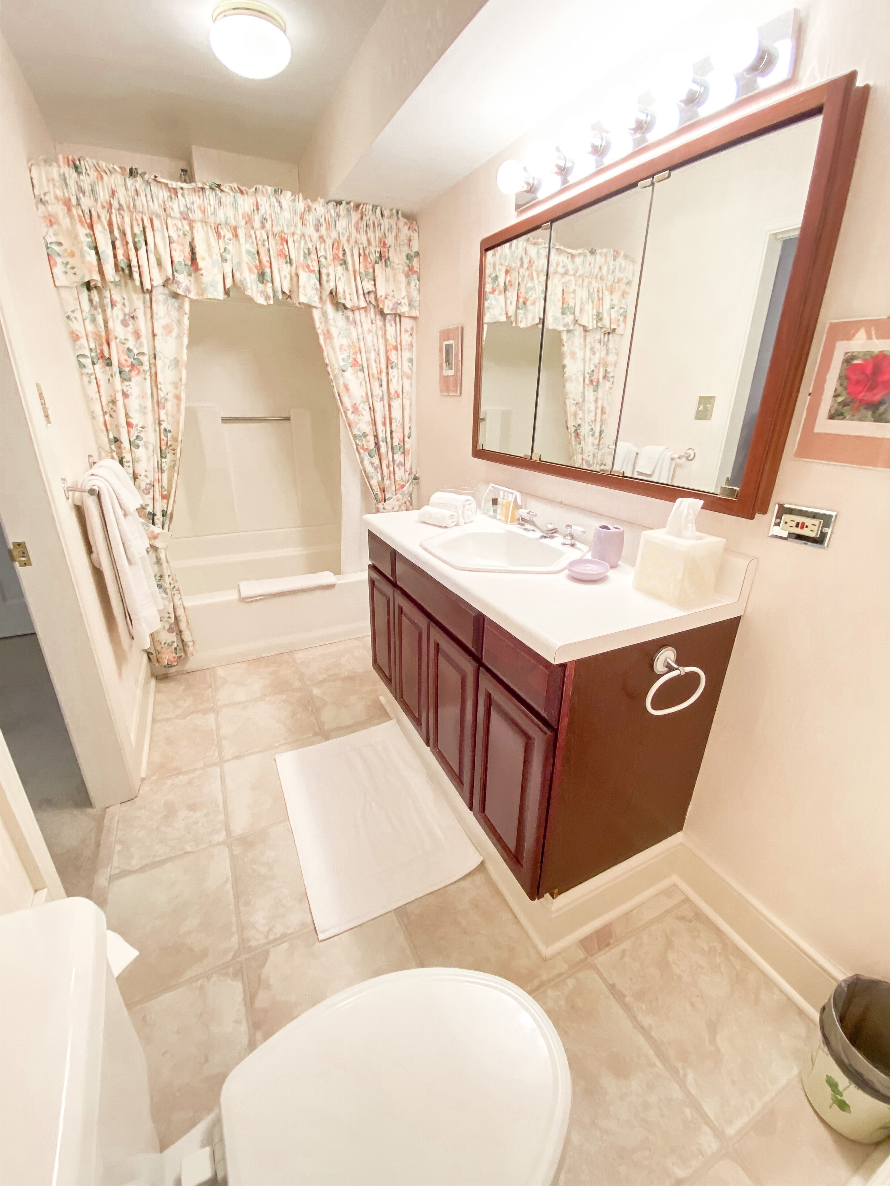 A bathroom with a shower, a sink with a mirror, and a toilet.