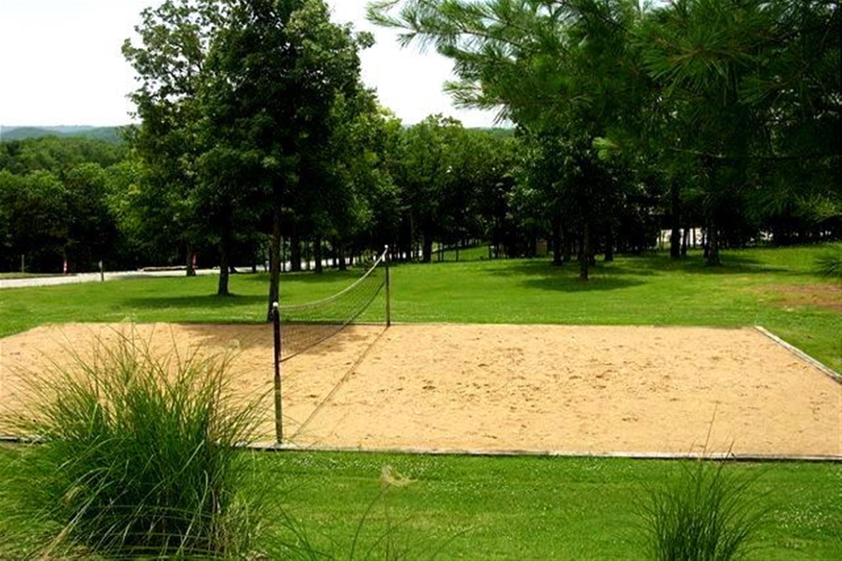 A volleyball court surrounded by trees.