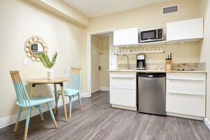Mini-fridge, microwave, stovetop, electric kettle
