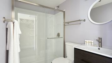 Shower, free toiletries, hair dryer, towels