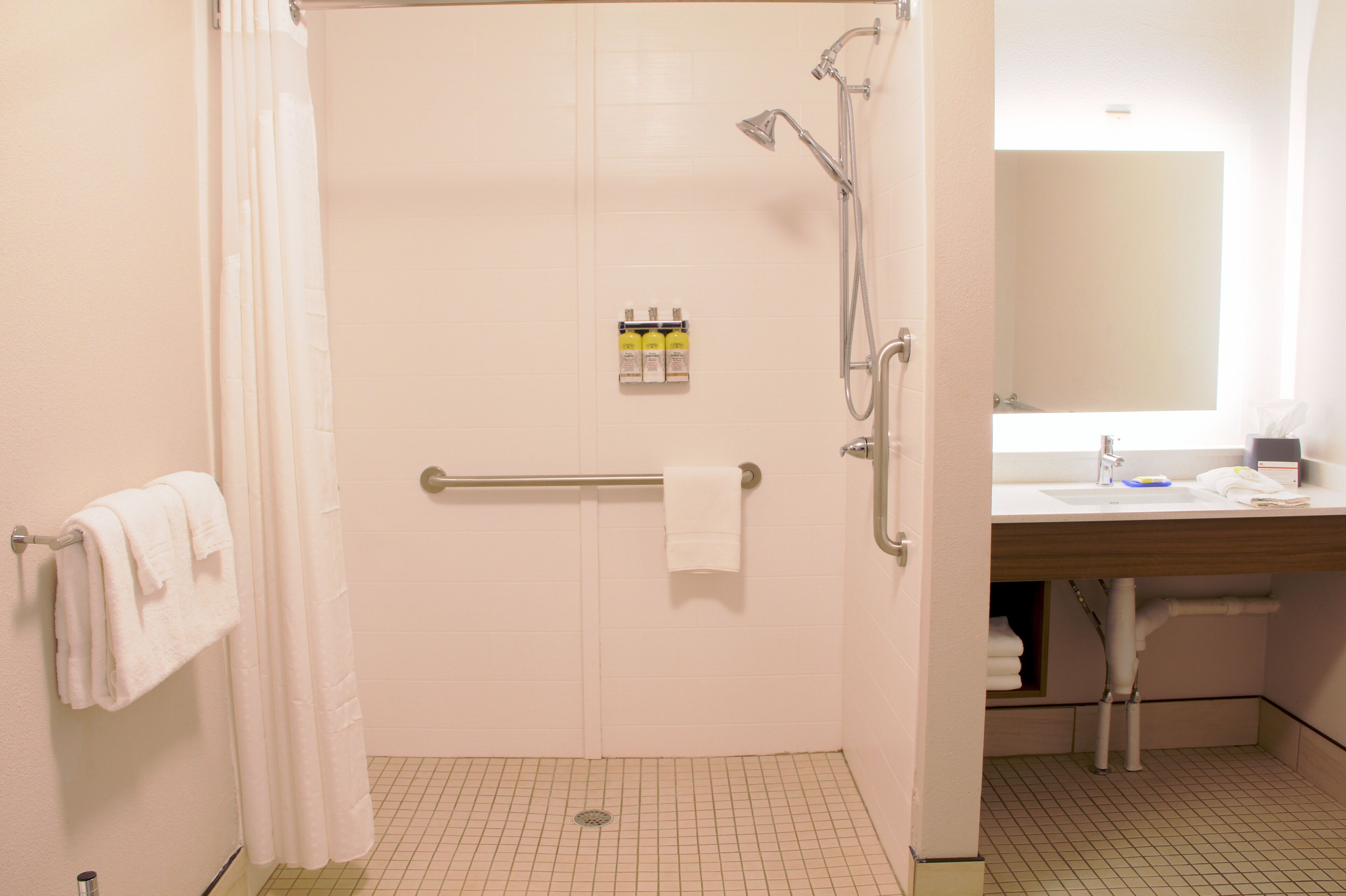 Une salle de bain équipée d’une douche, d’une barre d’appui, d’un porte-serviettes, d’un miroir et d’un lavabo.