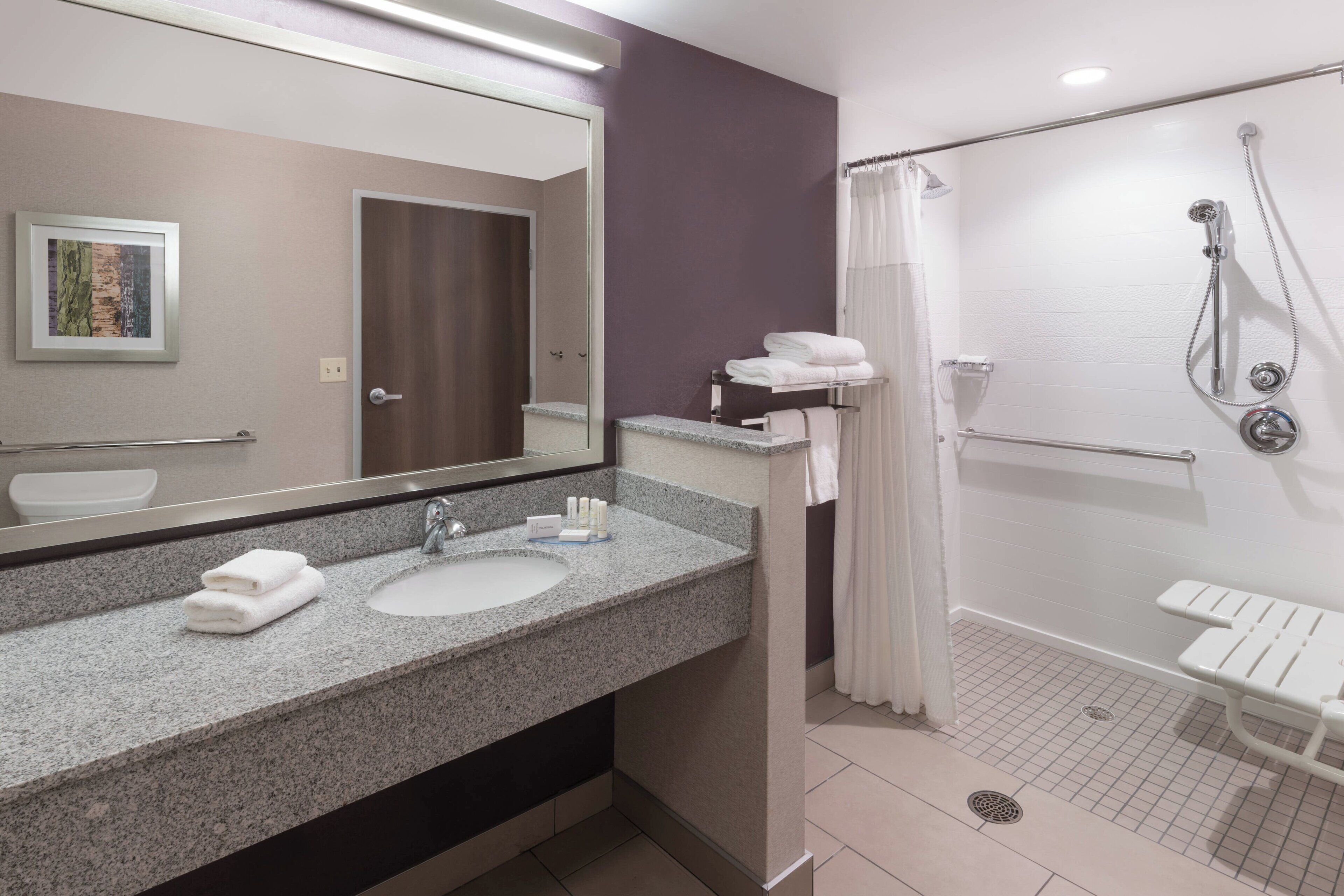executive room, 2 queen beds (mobility/hearing access, roll-in shwr) | bathroom | combined shower/bathtub, free toiletries, hair dryer, towels