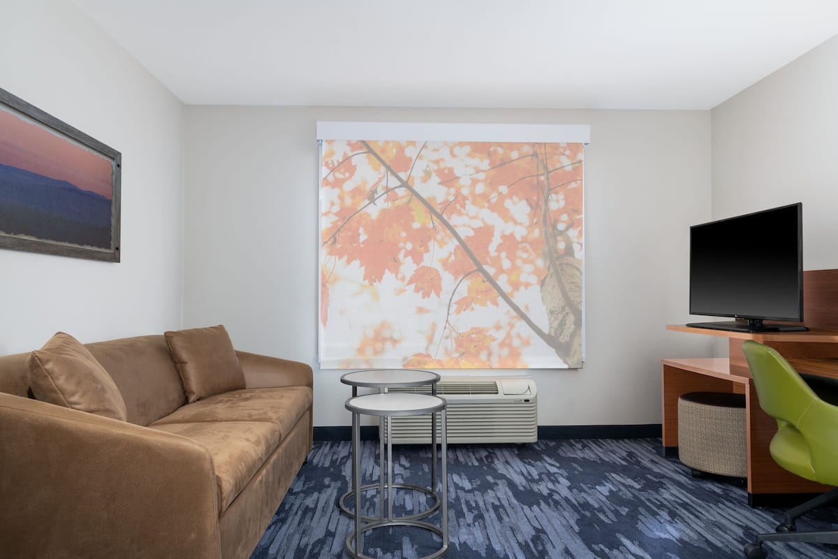 Une chambre d’hôtel moderne avec un canapé marron, une petite table ronde, un téléviseur à écran plat et un grand tableau abstrait accroché au mur.