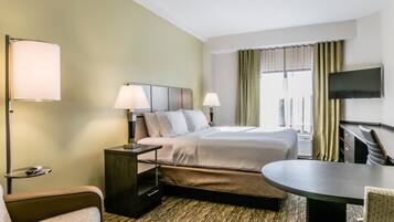 Premium bedding, pillowtop beds, desk, laptop workspace