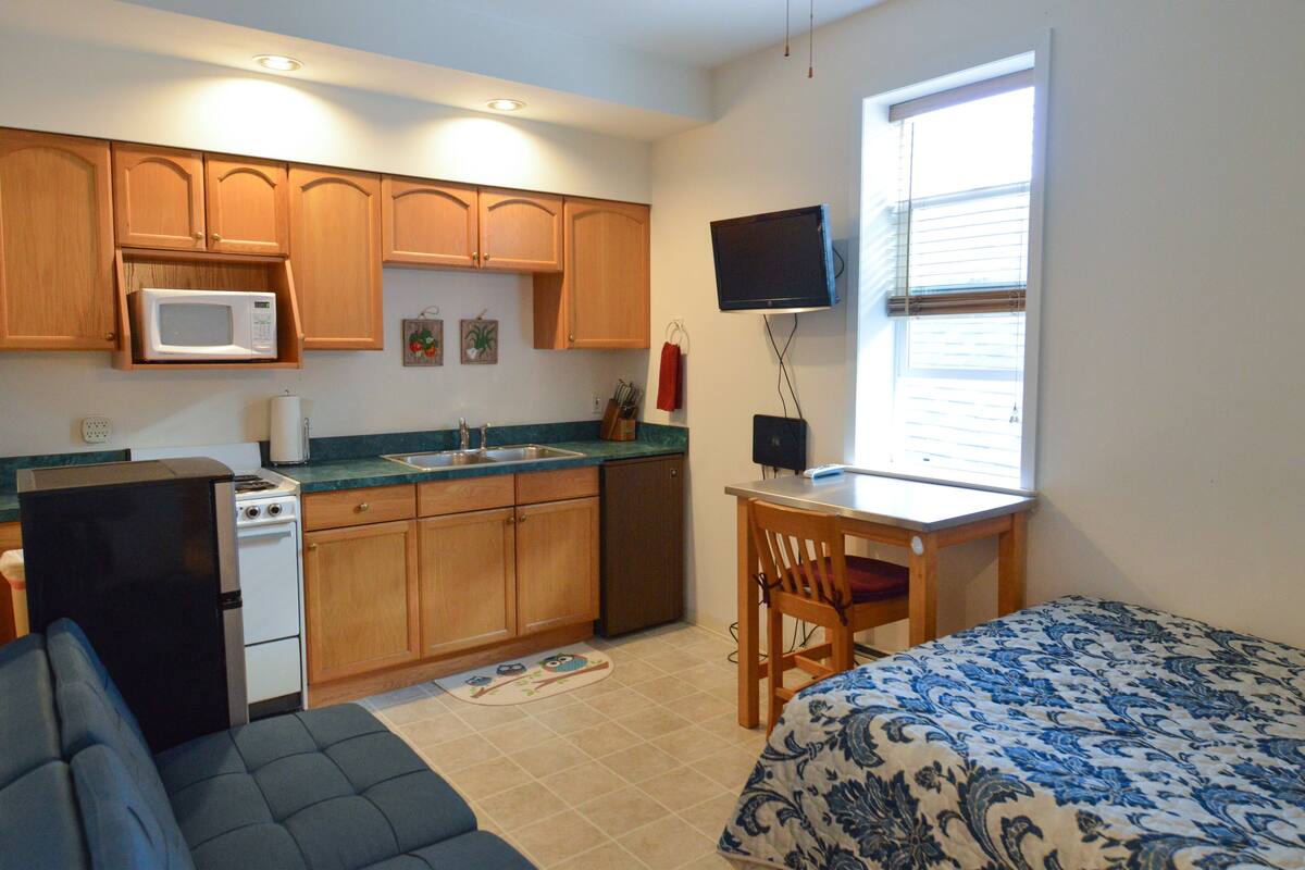 A compact room with a kitchenette, a bed, a television, and a window.