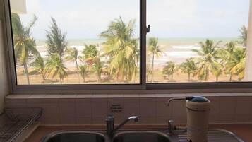 A kitchen with two sinks, a window with a view of a beach and palm trees, and a metal rack.