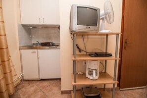 Full-sized fridge, coffee/tea maker