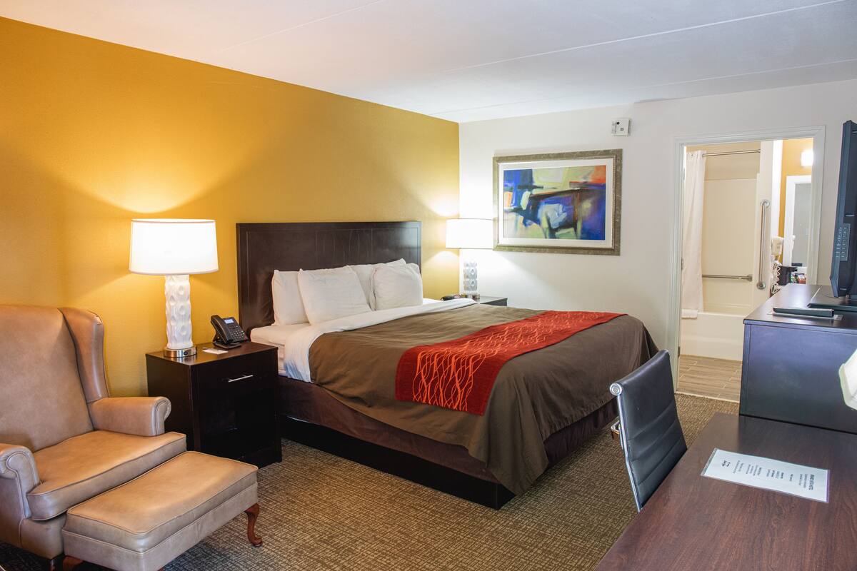 A hotel room with a bed, a chair, a desk, and a painting on the wall.