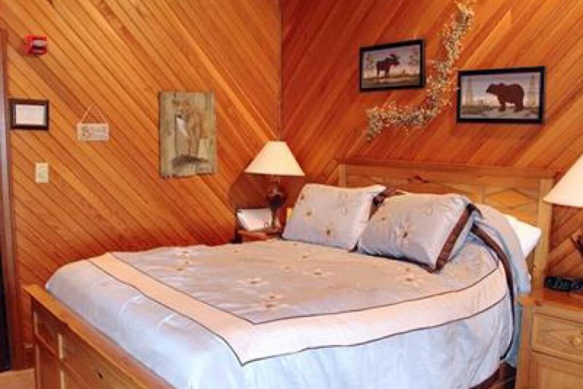 A wooden-paneled room with a bed, a nightstand, and wall-mounted lamps.
