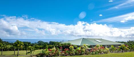 A building with a green roof, surrounded by lush greenery and a clear blue sky.