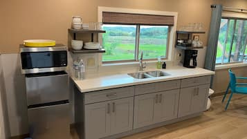 A modern kitchen with a built-in microwave, stainless steel appliances, a large window with a view of greenery, and a blue chair.