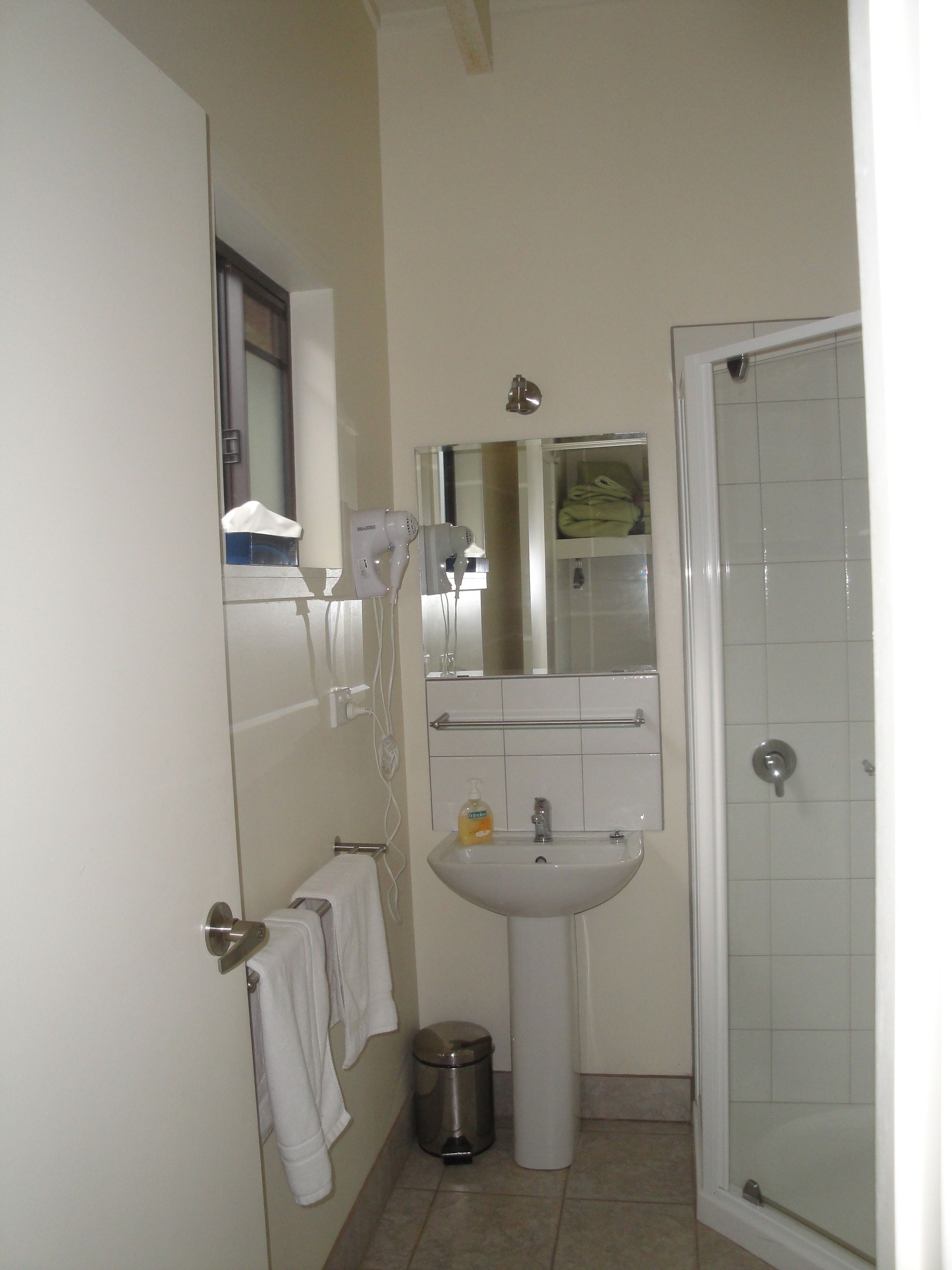 Un baño con lavamanos, espejo, toallero y ducha.