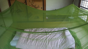 A bed with a green mosquito net. - Guest House Nishiki - Hostel (Chichibu)