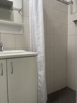 Twin Room (1 Queen and 1 Single) | Bathroom | Shower, free toiletries, hair dryer, towels