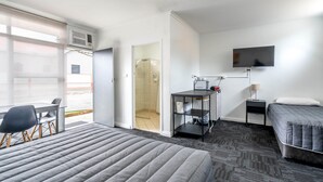 Una habitación de hotel con cama, escritorio, silla, televisor y zona de ducha.