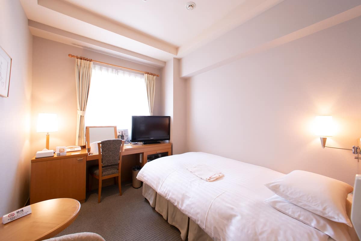 A hotel room with a bed, a desk with a computer and TV, a chair, a lamp, and a window with curtains.