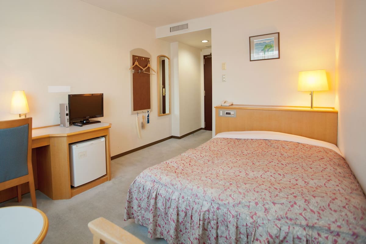 Ett hotellrum med en säng, ett skrivbord, en stol och en tv.