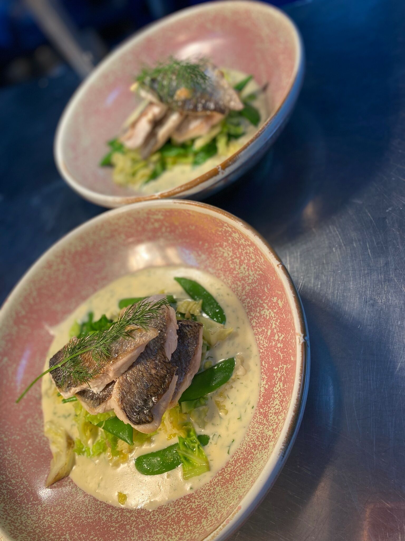 Two bowls of food with fish and vegetables on a metal table.
